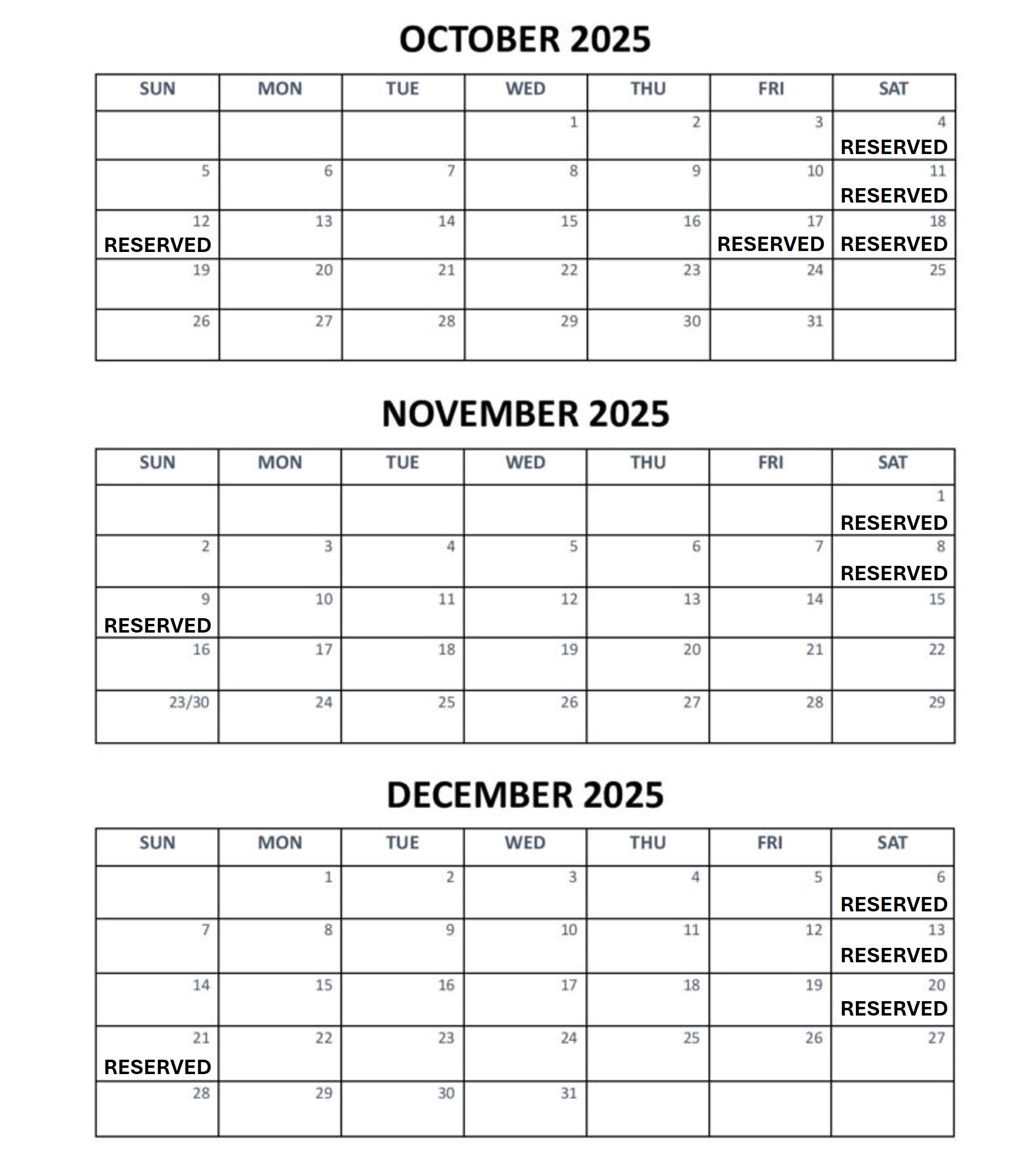 Hall Reservations as of 10-20-25